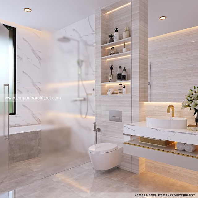 Desain Kamar Mandi Utama Rumah Modern Minimalis 3 Lantai Ibu NVT di Jakarta Utara