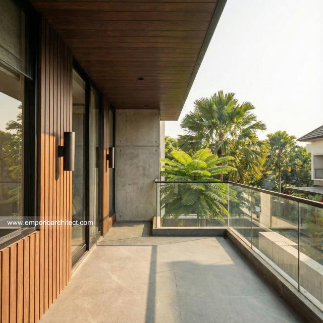 Desain Tampak Detail Balkon Rumah Modern Minimalis 3 Lantai Ibu NVT di Jakarta Utara