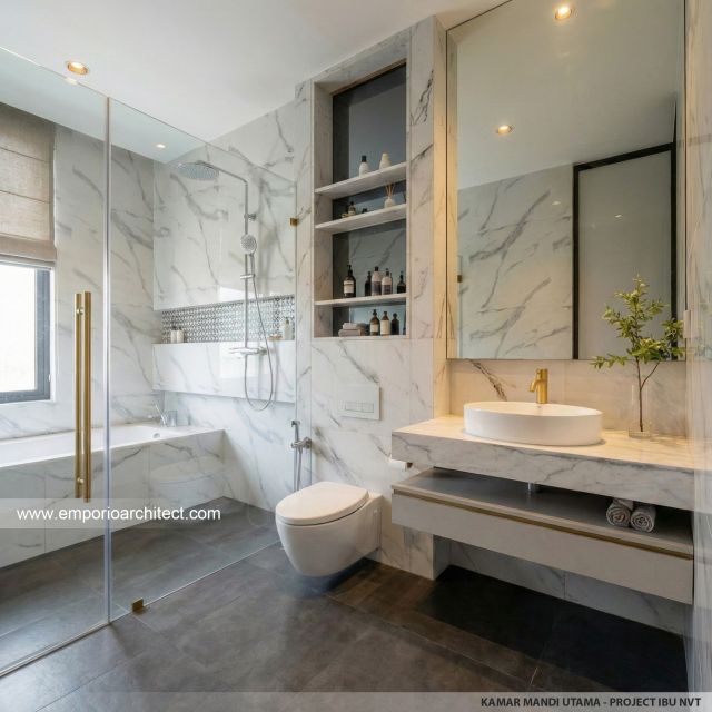 Desain Kamar Mandi Utama Rumah Modern Minimalis 3 Lantai Ibu NVT di Jakarta Utara