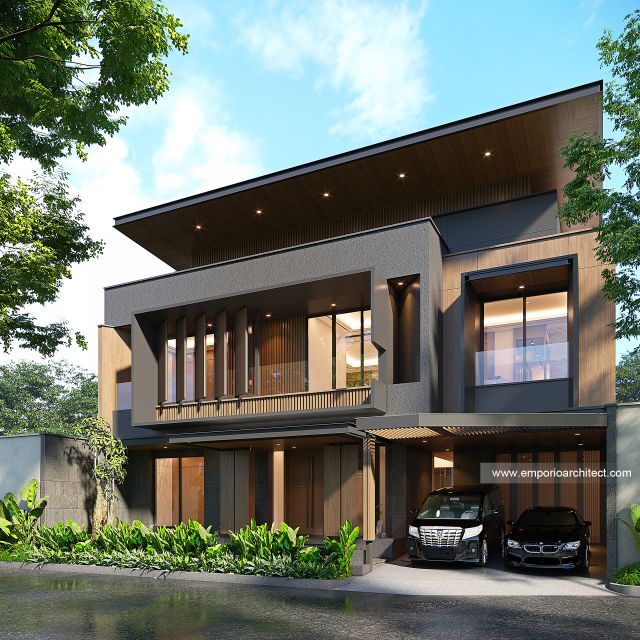 Desain Tampak Depan 2 Rumah Modern 2 Lantai Ibu ETR di Bintaro, Jakarta Selatan