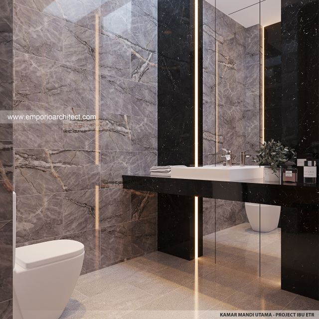 Desain Kamar Mandi Utama Rumah Modern 2 Lantai Ibu ETR di Bintaro, Jakarta Selatan