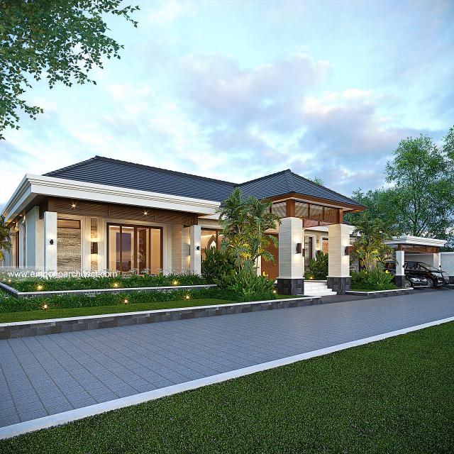 Desain Tampak Depan 3 Rumah Villa Bali 1 Lantai Ibu WN di Sragen, Jawa Tengah