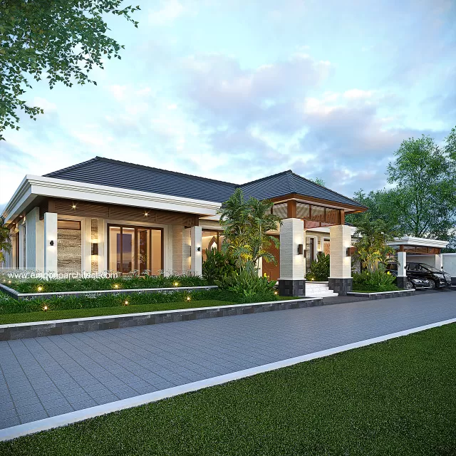 Desain Tampak Depan 3 Rumah Villa Bali 1 Lantai Ibu WN di Sragen, Jawa Tengah