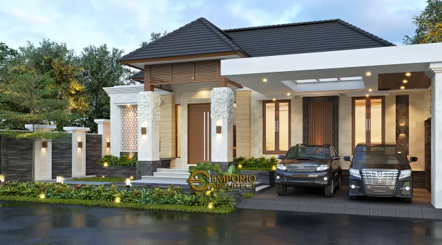 Desain Tampak Depan Tanpa Pagar 2 Rumah Villa Bali 1 Lantai Ibu Dewi di Purwakarta