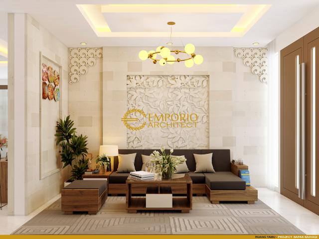 Desain Ruang Tamu Rumah Villa Bali 1.5 Lantai Bapak Baihaqi di Aceh