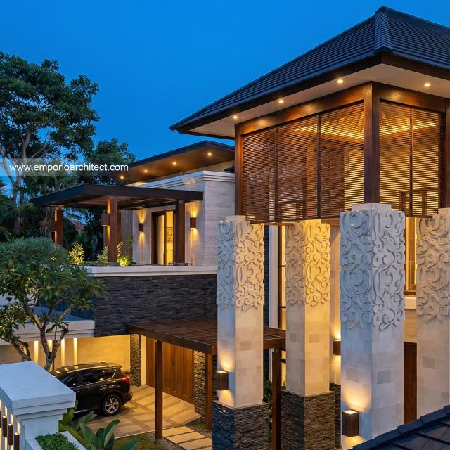 Desain Tampak Detail Depan 3 Rumah Villa Bali 2 Lantai Bapak BKT di Yogyakarta