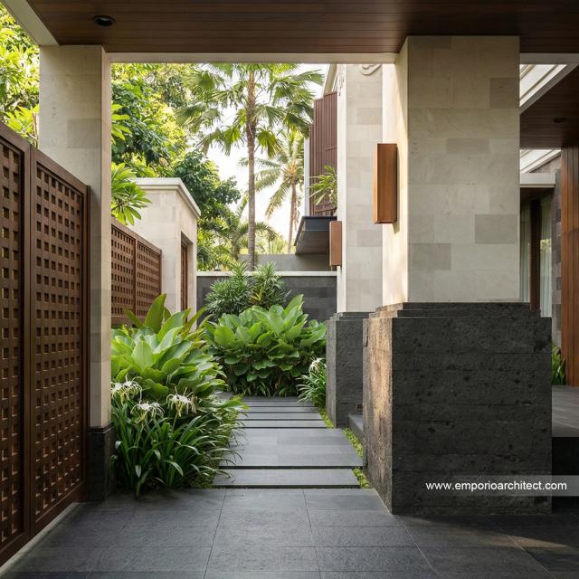 Desain Tampak Detail Depan 2 Rumah Villa Bali 2 Lantai Bapak SGT di Jakarta Timur