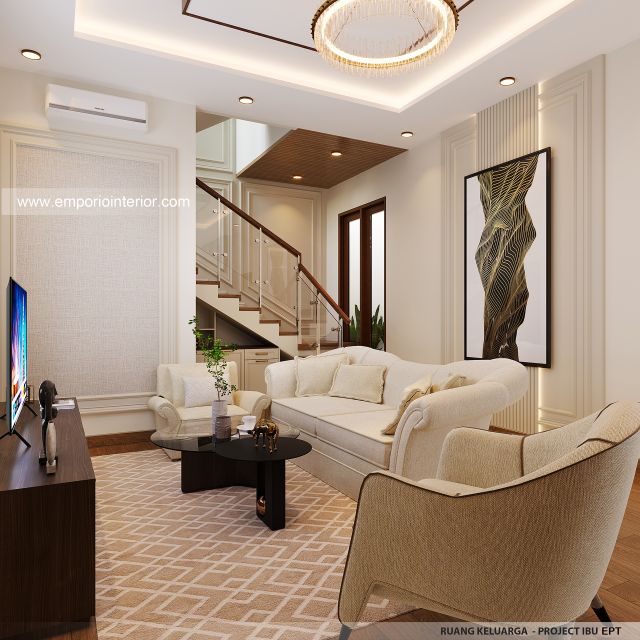 Desain Ruang Keluarga Rumah Villa Bali 2 Lantai Ibu EPT di Bintaro, Jakarta Selatan
