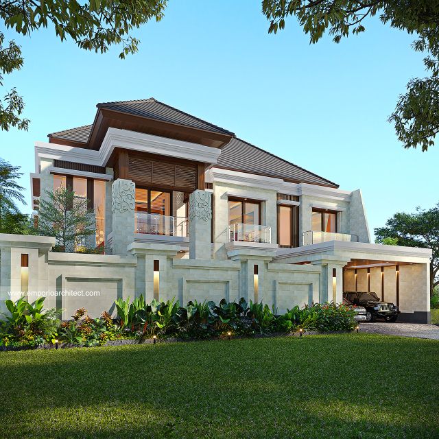 Desain Tampak Depan Dengan Pagar Rumah Villa Bali 2 Lantai Bapak DST di Jawa Timur