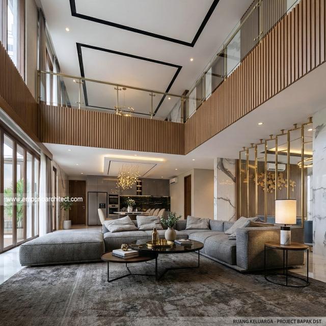 Desain Ruang Keluarga Rumah Villa Bali 2 Lantai Bapak DST di Jawa Timur