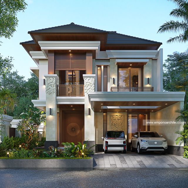 Desain Tampak Depan 2 Rumah Villa Bali 2 Lantai Bapak KRN di Alam Sutera, Tangerang