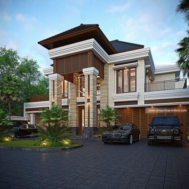 Desain Tampak Depan 2 Rumah Villa Bali 2 Lantai Bapak UNS di Serang, Banten