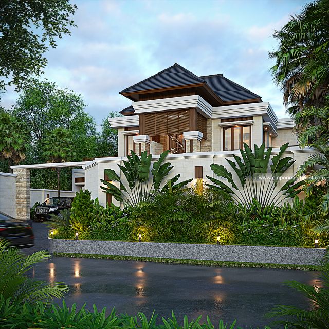 Desain Tampak Depan Dengan Pagar Rumah Villa Bali 2 Lantai Bapak UNS di Serang, Banten