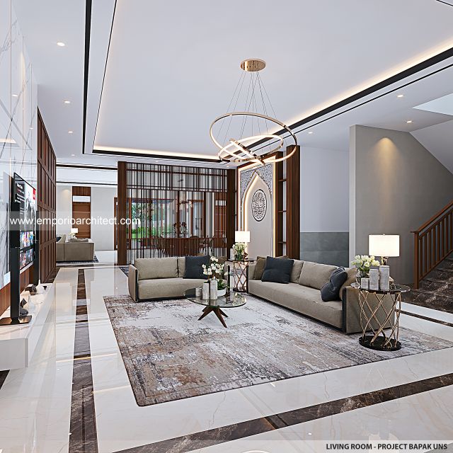 Desain Ruang Keluarga Rumah Villa Bali 2 Lantai Bapak UNS di Serang, Banten