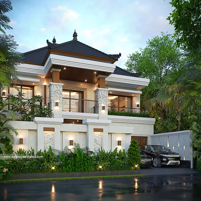 Desain Tampak Depan Dengan Pagar Rumah Villa Bali 2 Lantai Ibu EKD di NTB (Nusa Tenggara Barat)