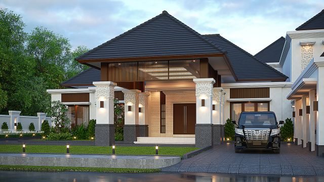 Desain Tampak Depan 2 Rumah Villa Bali 2 Lantai Ibu E di Bengkulu