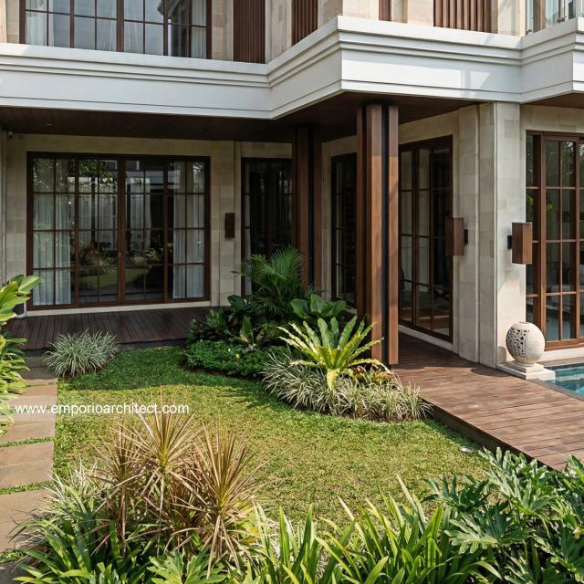 Desain Tampak Detail Depan Rumah Villa Bali 2 Lantai Bapak PRG di Sumatera Utara