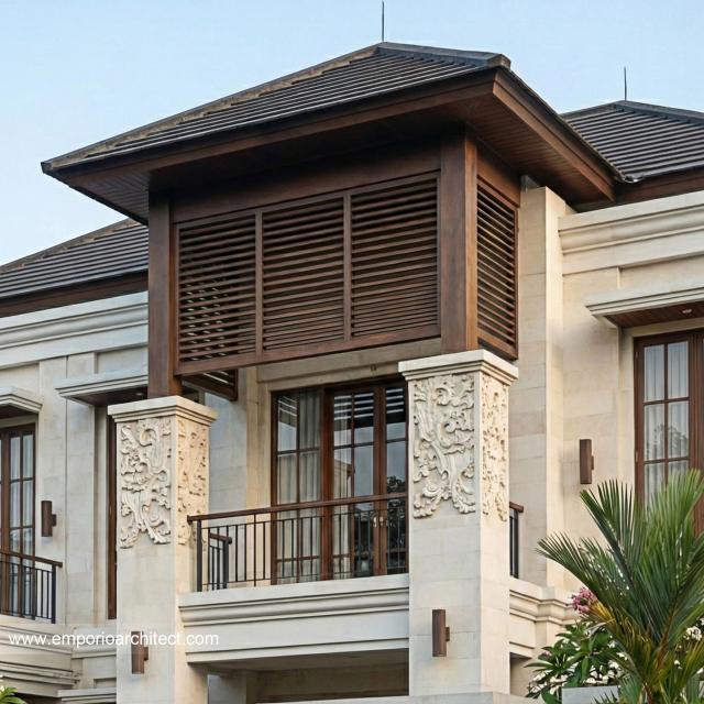 Desain Tampak Detail Depan Rumah Villa Bali 2 Lantai Bapak PRG di Sumatera Utara