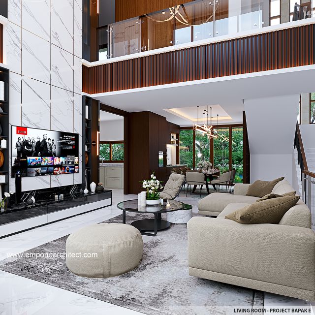Desain Ruang Keluarga Rumah Villa Bali 4 Lantai Bapak E di Tangerang Selatan