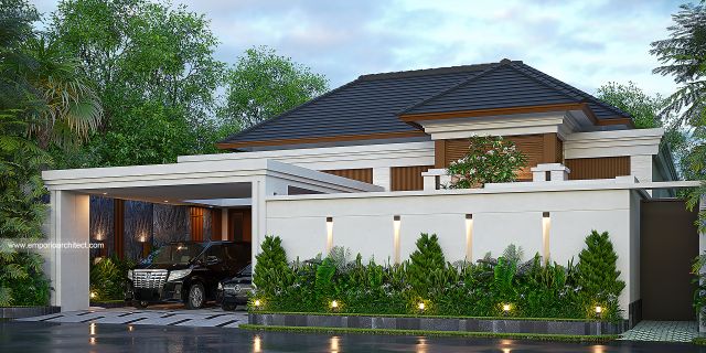 Desain Tampak Depan Dengan Pagar Rumah Villa Bali Modern 1 Lantai Bapak A di Cilacap, Jawa Tengah