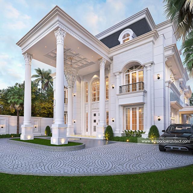 Desain Tampak Detail Depan Villa Klasik 4 Lantai Bapak AWD di Belitung, Kepulauan Bangka Belitung