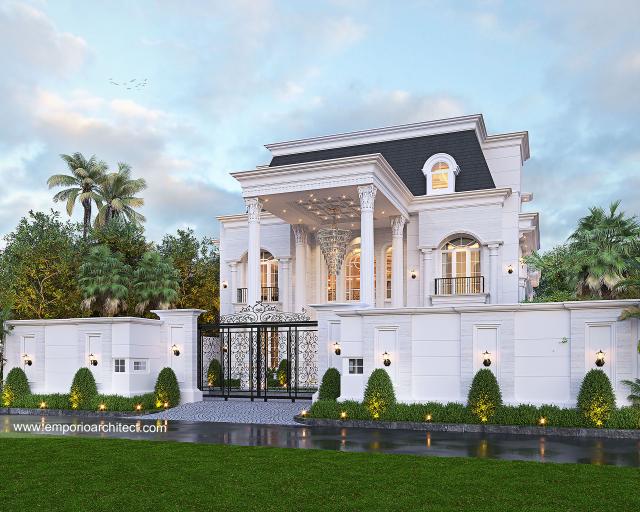 Desain Tampak Depan Dengan Pagar Villa Klasik 4 Lantai Bapak AWD di Belitung, Kepulauan Bangka Belitung