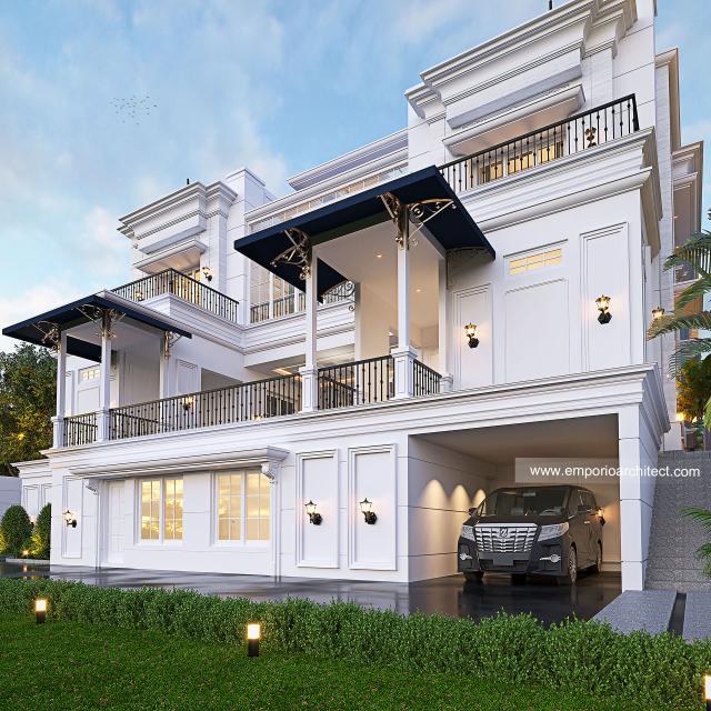 Desain Tampak Detail Belakang Villa Klasik 4 Lantai Bapak AWD di Belitung, Kepulauan Bangka Belitung