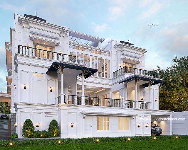 Desain Tampak Belakang Villa Klasik 4 Lantai Bapak AWD di Belitung, Kepulauan Bangka Belitung