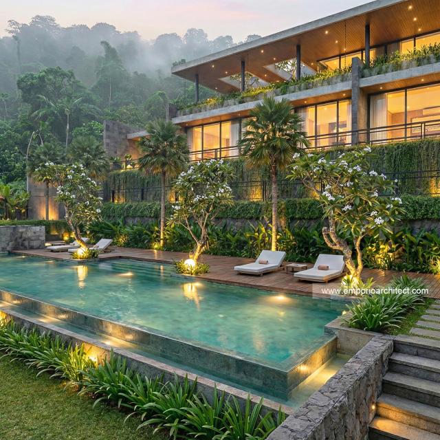 Desain Tampak Detail Depan Villa Modern 2 Lantai Bapak SFF di Bogor