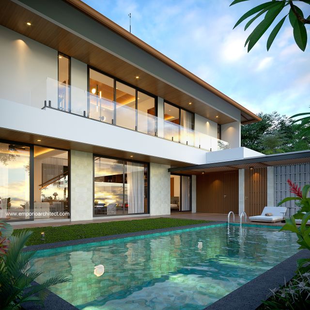 Desain Tampak Detail Depan Villa Modern 2 Lantai Ibu SR di Sanur, Bali