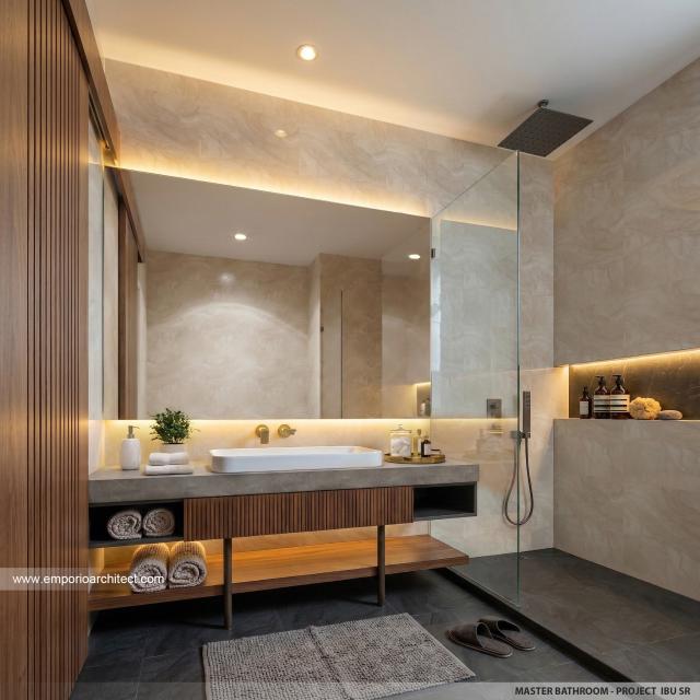 Desain Kamar Mandi Utama Villa Modern 2 Lantai Ibu SR di Sanur, Bali