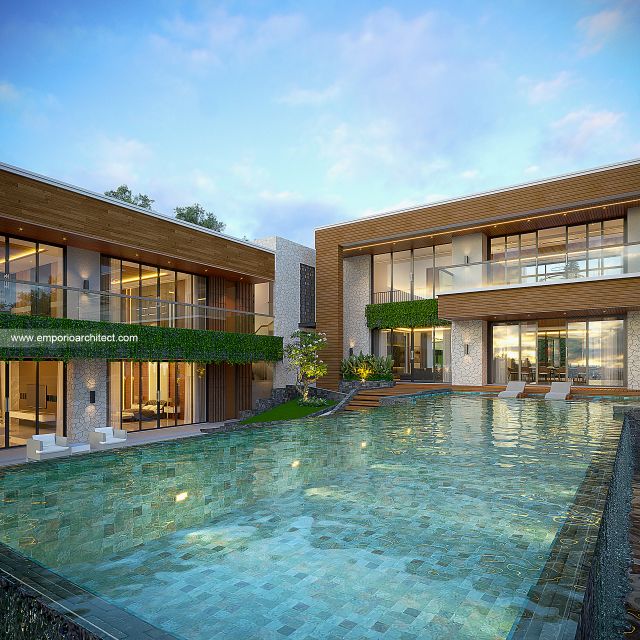 Desain Tampak Area Kolam Villa Modern 2 Lantai Bapak SST di Bogor