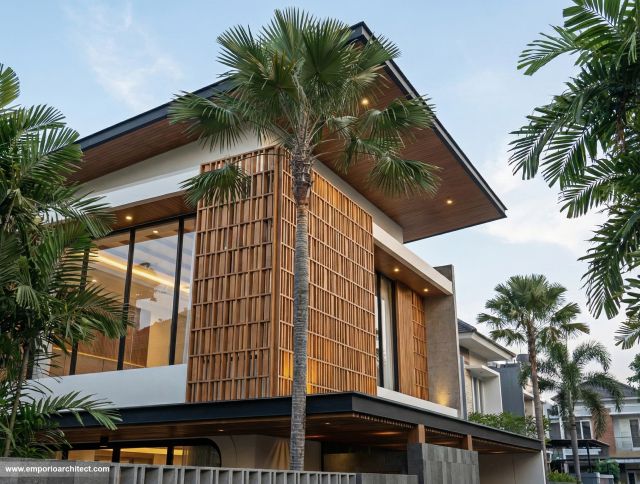 Desain Tampak Detail Depan Villa Modern 2 Lantai Ibu FRN di Nusa Dua, Bali