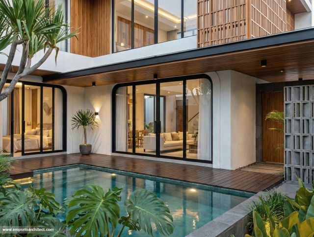 Desain Tampak Detail Kolam 2 Villa Modern 2 Lantai Ibu FRN di Nusa Dua, Bali