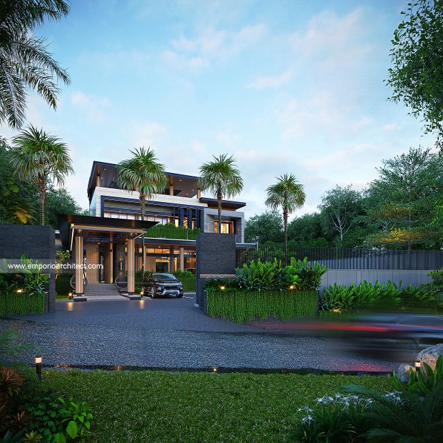 Desain Tampak Depan Dengan Pagar Villa Modern 3 Lantai Bapak TSN di Cisarus, Bogor