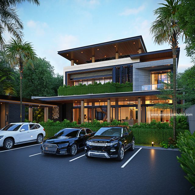 Desain Tampak Depan Villa Modern 3 Lantai Bapak TSN di Cisarus, Bogor