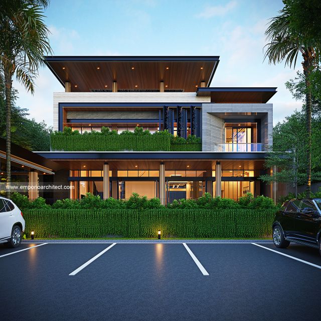 Desain Tampak Depan 3 Villa Modern 3 Lantai Bapak TSN di Cisarus, Bogor