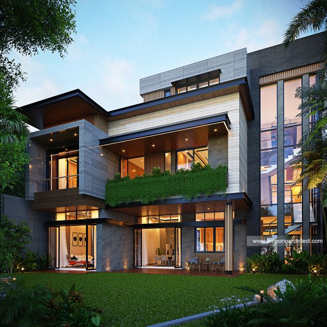 Desain Tampak Belakang Villa Modern 3 Lantai Bapak TSN di Cisarus, Bogor