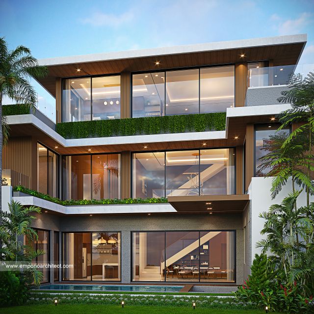Desain Tampak Belakang Villa Modern 3 Lantai Ibu RGN di Nusa Dua, Badung, Bali