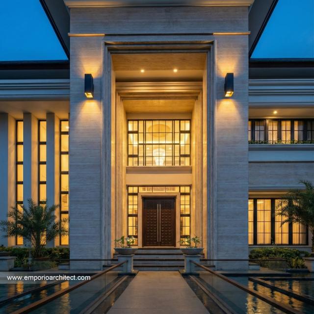 Desain Tampak Detail Depan 2 Rumah Klasik 2 Lantai Ibu DNA di Cibubur, Jakarta Timur