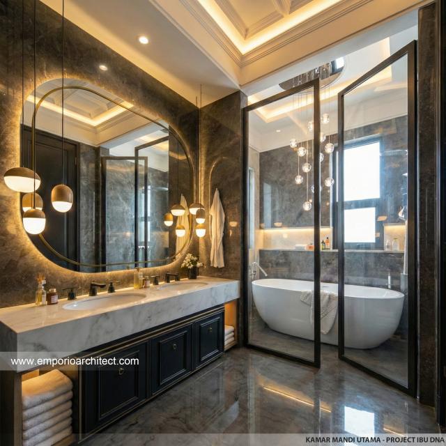 Desain Kamar Mandi Utama Rumah Klasik 2 Lantai Ibu DNA di Cibubur, Jakarta Timur