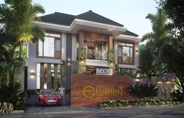 Desain Tampak Depan Rumah Villa Bali 2 Lantai Ibu Heny di Kalimantan