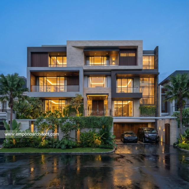 Desain Tampak Depan 2 Rumah Modern 4 Lantai Ibu Suwaty di Jakarta