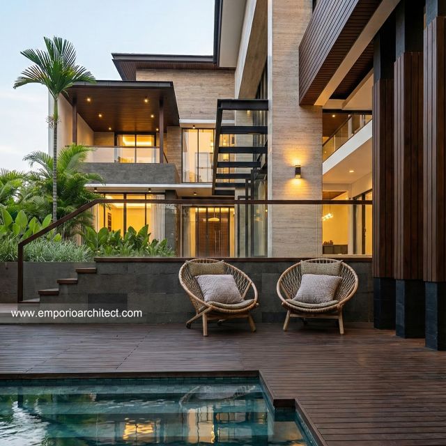 Desain Tampak Detail Kolam Rumah Modern 2 Lantai Mrs. J di Jakarta