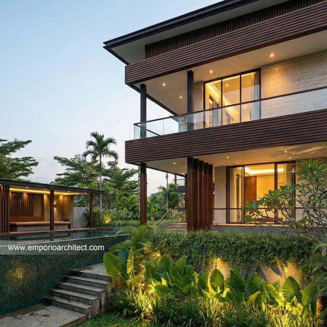 Desain Tampak Detail Kolam Rumah Modern 2 Lantai Mrs. J di Jakarta