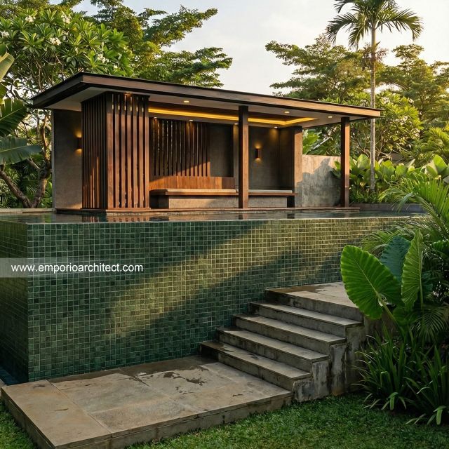 Desain Tampak Detail Kolam Rumah Modern 2 Lantai Mrs. J di Jakarta