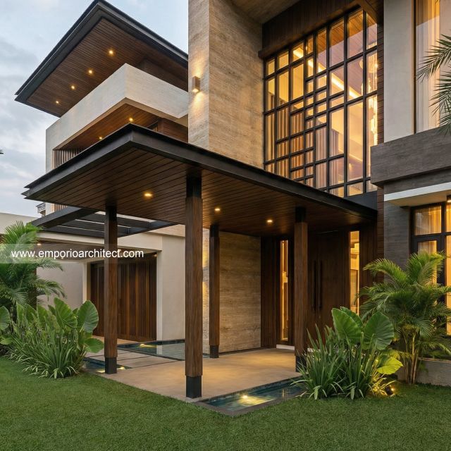Desain Tampak Detail Depan Rumah Modern 2 Lantai Mrs. J di Jakarta