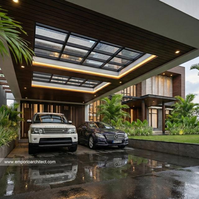 Desain Tampak Detail Carport Rumah Modern 2 Lantai Mrs. J di Jakarta