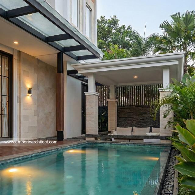 Desain Tampak Detail Kolam Rumah Hook Classic 3 Lantai Bapak HRR di Tangerang, Banten