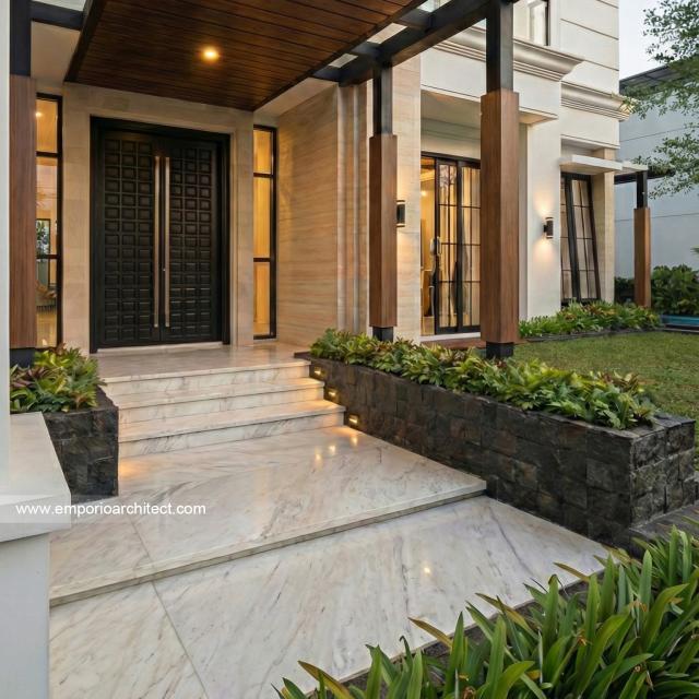 Desain Tampak Detail Depan 2 Rumah Hook Classic 3 Lantai Bapak HRR di Tangerang, Banten